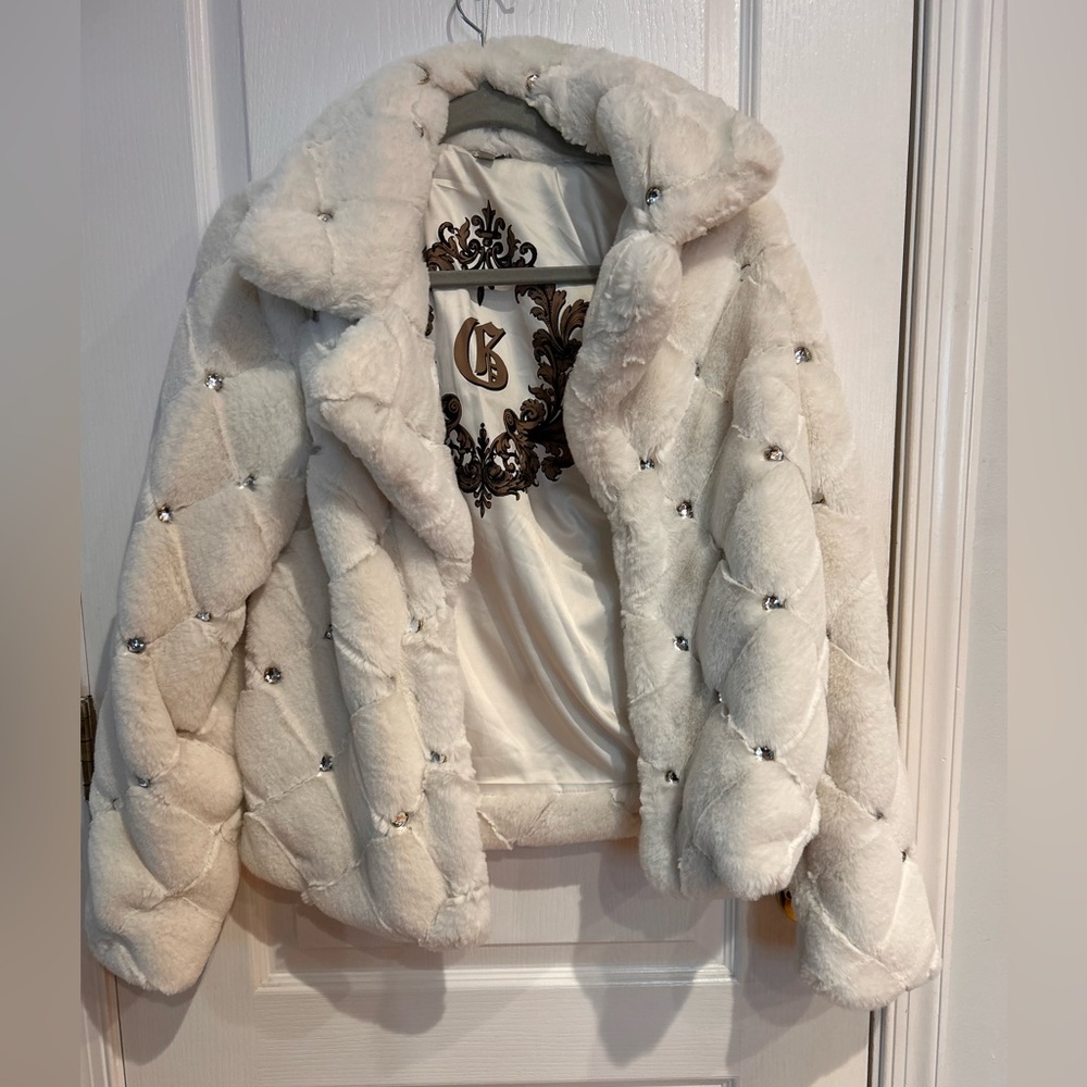 GUESS white fur and rhinestone coat